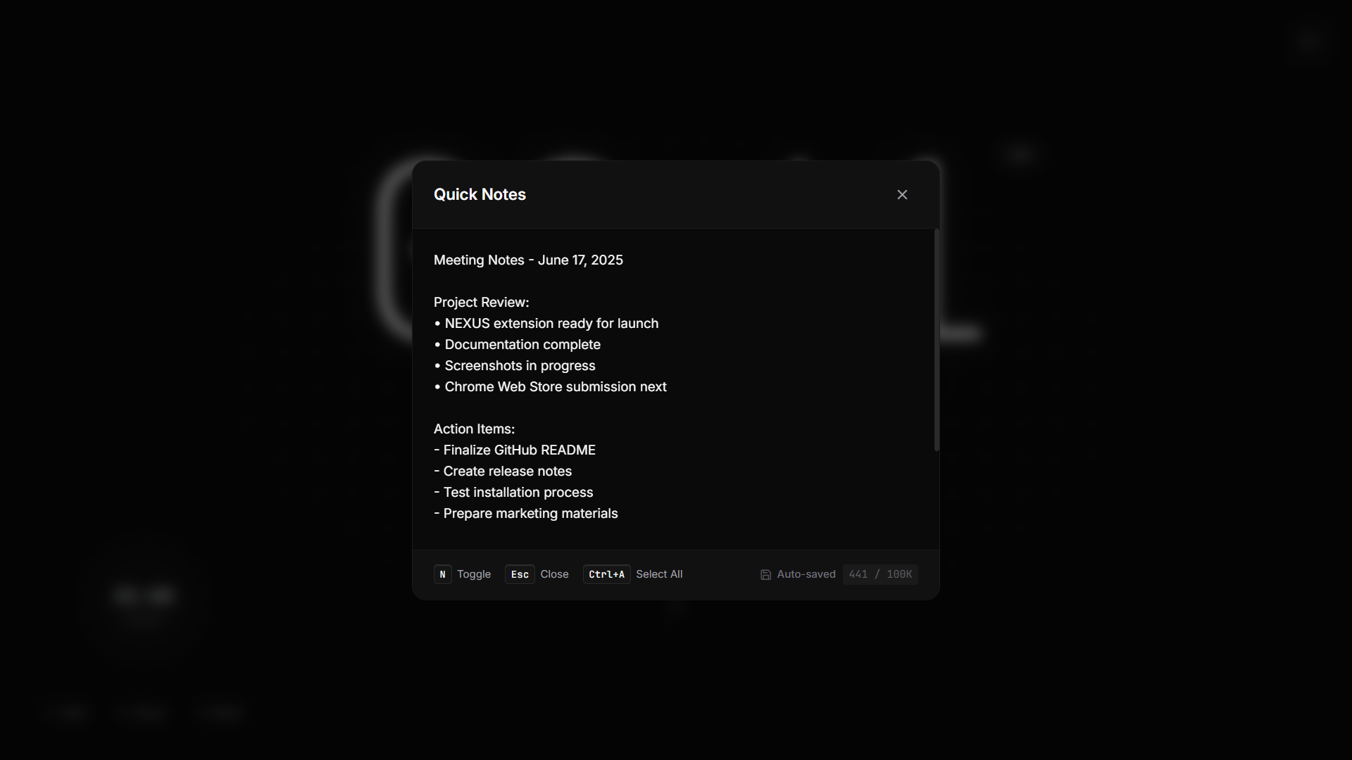 NEXUS Quick Notes overlay showing note-taking interface with meeting content