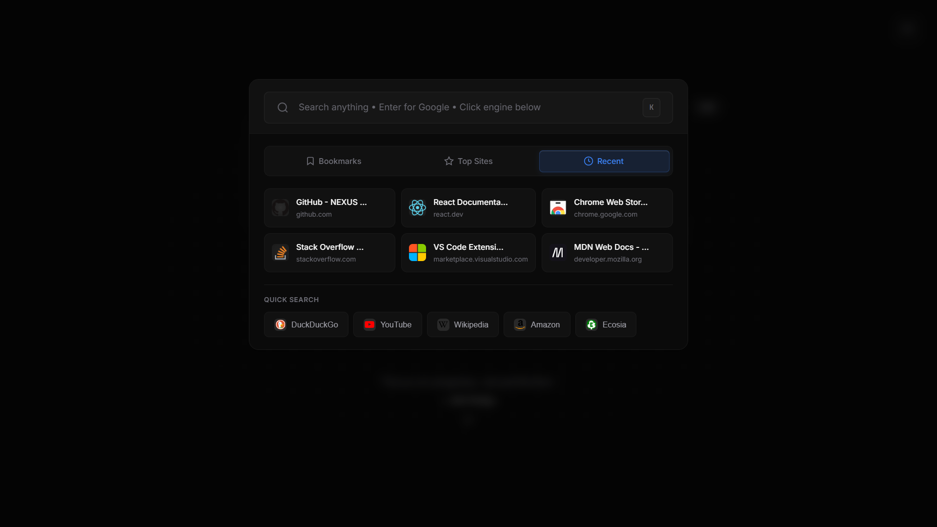 NEXUS Quick Shortcuts Panel showing bookmarks, recent tabs, and search engines