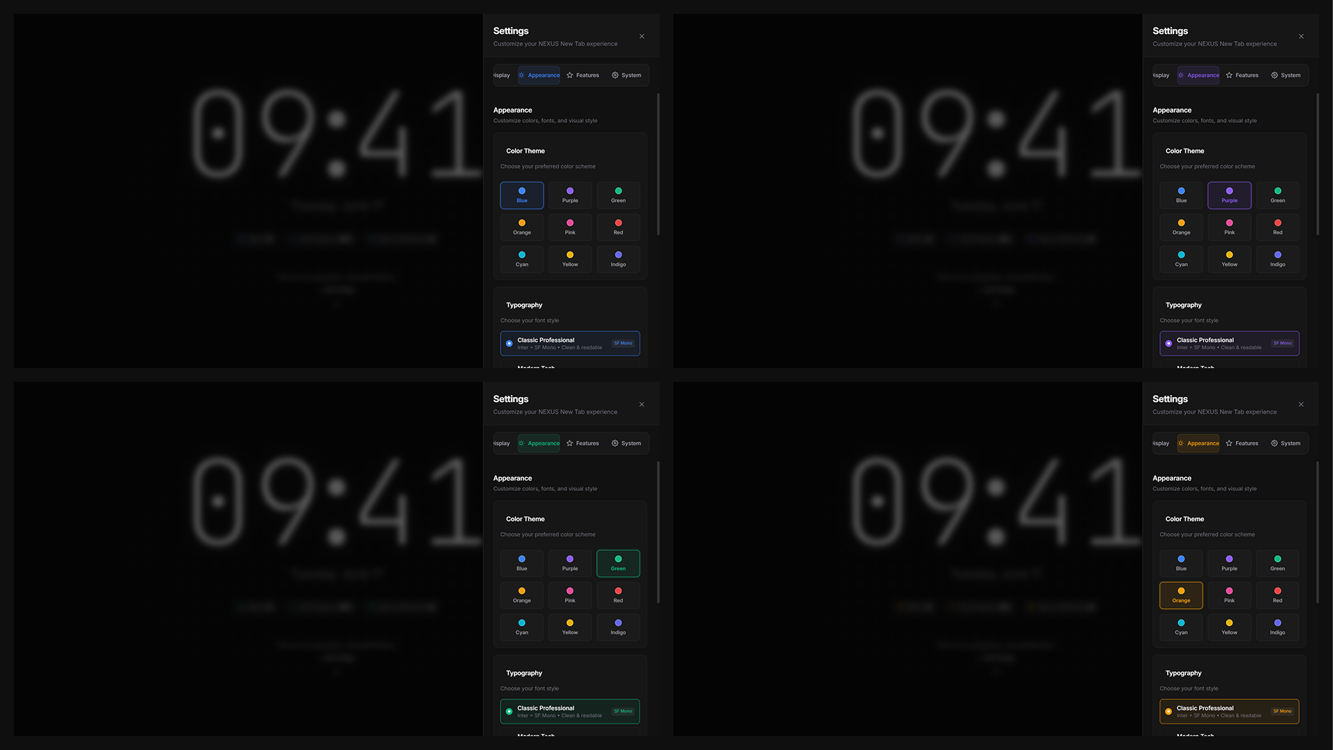 NEXUS Appearance Settings showing 9 accent colors and typography options