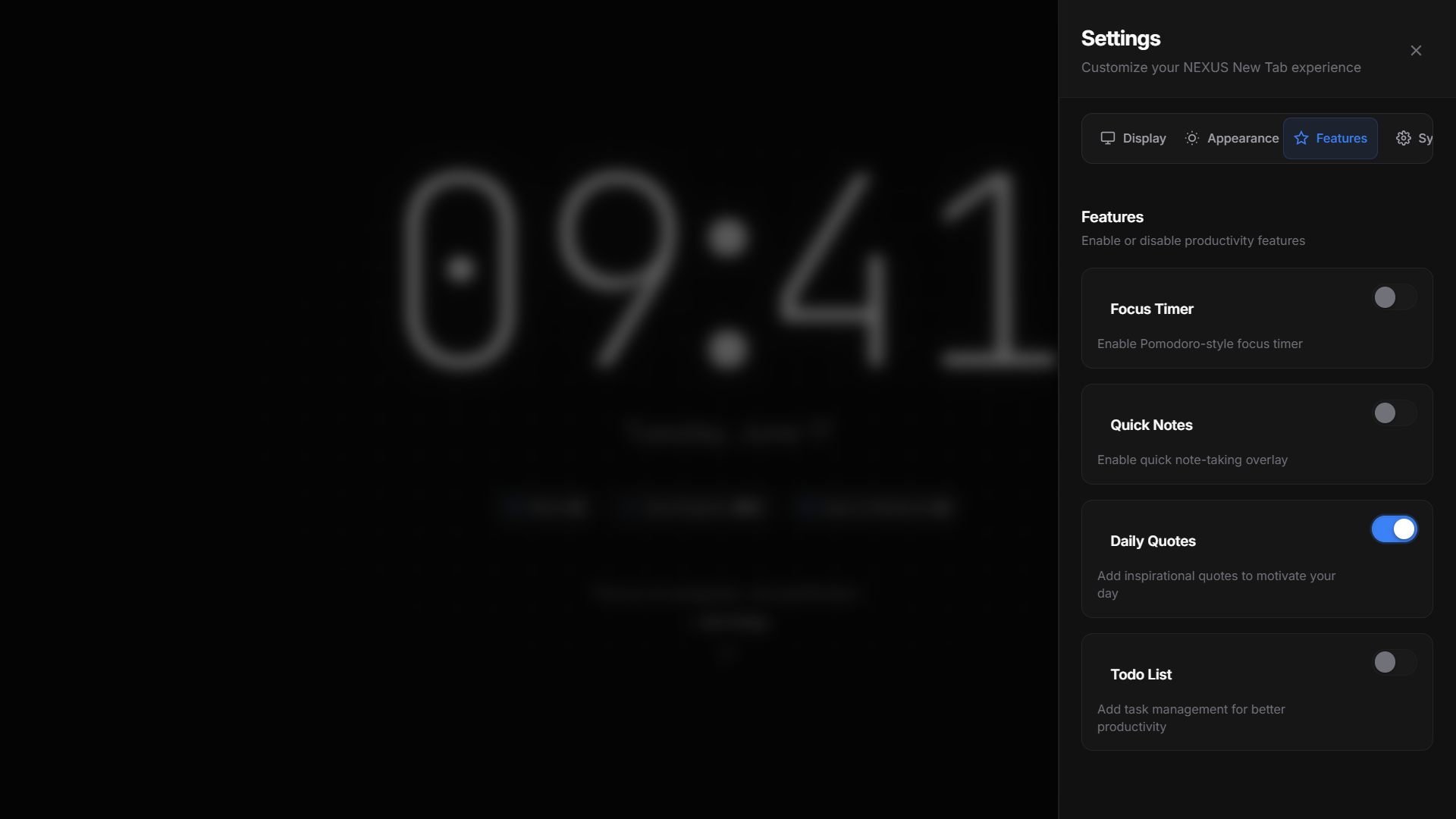 NEXUS Features Settings showing toggles for Focus Timer, Quick Notes, Daily Quotes, and Todo List